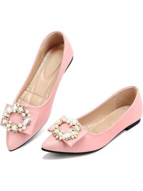 Women's 02-Pink Pointed Toe Pearl Flats Comfort Non Slip Soft Sole Office Shoes